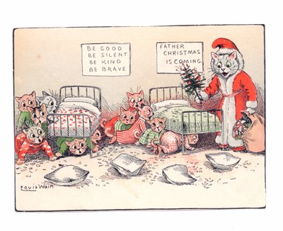 Viktorianische Grußkarte von Kätzchen, die sich vor Angst ducken beim Anblick einer als Weihnachtsmann verkleideten Katze, ca. 1880 von Louis Wain