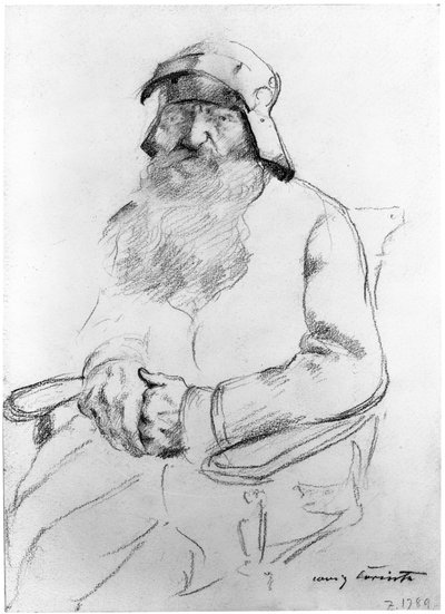 Sitzender bärtiger alter Mann mit einem Helm des 16. Jahrhunderts, von vorn (Studie zum Götz von Berlichingen) von Lovis Corinth