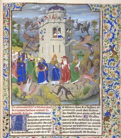 Festung des Glaubens Miniatur der Heiligen Gregor, Augustinus, Hieronymus und Ambrosius, die Dämonen bekämpfen, Spätes 15. Jahrhundert von Loyset Liedet