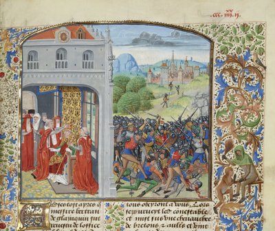Die Krönung von Papst Gregor XI. und die Schlacht von Pontvallain, 1370, ca. 1470-1475 von Loyset Liedet