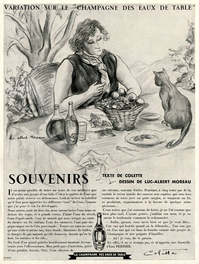 Colette vor ihrer Katze, die die Vorzüge von Perrier lobt von Luc Albert Moreau