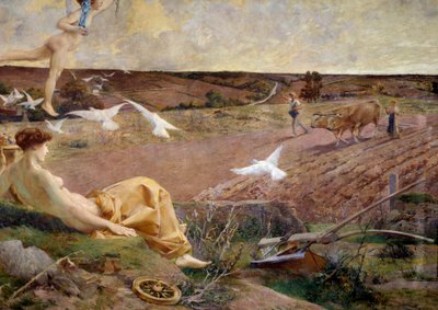 Fortuna, allegorische Darstellung von Überfluss und Fruchtbarkeit. Ein Bauer pflügt im Hintergrund sein Feld. Detail. Malerei auf Putz von Luc Olivier Merson (1846-1920) 1901 von Luc Oliver Merson