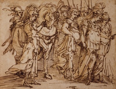 Amazonen mit einem Pferd in Prozession nach rechts von Luca Cambiaso