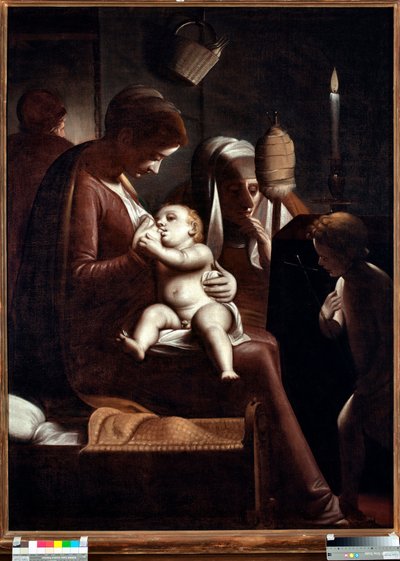 Jungfrau und Kind mit Johannes dem Täufer oder „Jungfrau mit einer Kerze“ oder „Heilige Familie mit der hl. Anna und Johannes dem Täufer“ (Jungfrau mit einer Kerze) Gemälde von Luca Cambiaso (1527-1585) von Luca Cambiaso