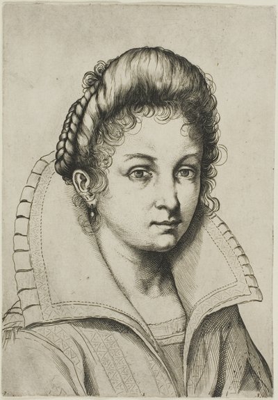 Porträtbüste einer Frau mit großem Kragen, aus Perfekte Schule zum Erlernen des gesamten menschlichen Körpers (englische Übersetzung) von Luca Ciamberlano