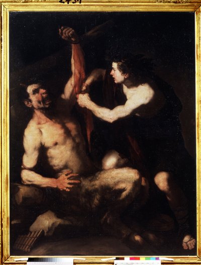 Apollon und Marsyas. Apollon, nachdem er den Wettstreit gegen Marsyas gewonnen hat, lässt ihn häuten und wirft ihn dann in eine Höhle. Gemälde von Luca Giordano (1632-1705) von Luca Giordano