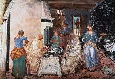Benedikt erzählt den Mönchen, wo und wann sie außerhalb des Klosters gegessen haben, Szene aus den Geschichten von St. Benedikt von Luca Signorelli
