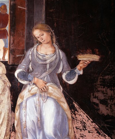 Benedikt sagte den Mönchen, wo und wann sie außerhalb des Klosters aßen (Detail). Kreuzgangfresko von Luca Signorelli (ca. 1445-1523), das das Leben des heiligen Benedikt von Nursia (480 - 567) erzählt, Gründer des Benediktinerordens 1497-1498 Abtei von Mo von Luca Signorelli