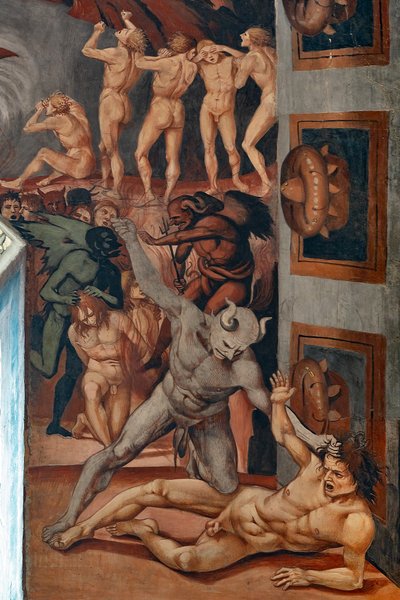 Ruf zur Hölle, Detail zeigt das Vorhölle, aus Dantes Beschreibung von Luca Signorelli