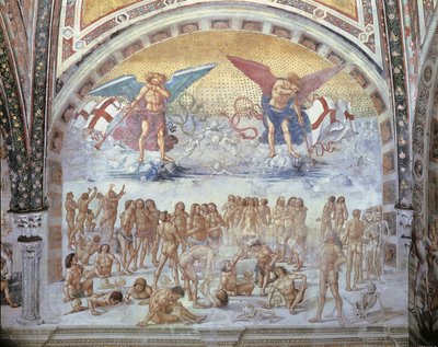 Nahaufnahme eines Freskos in einer Kathedrale, Auferstehung des Fleisches, Luca Signorelli, Orvieto, Umbrien, Italien von Luca Signorelli