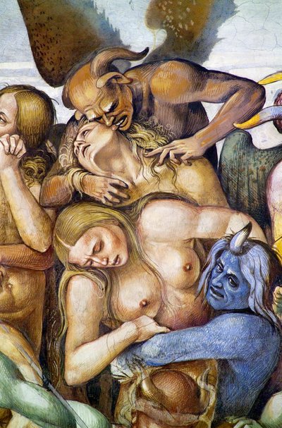 Verdammte in der Hölle, Selbstporträt von Luca Signorelli als blauer Dämon (Detail) von Luca Signorelli