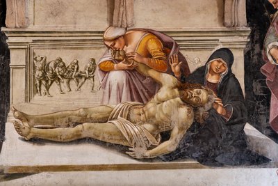 Das Innere, Cappella Nova oder Kapelle des Hl. Brizio, Kapelle der Heiligen Leiber: "Beweinung des toten Christus" zwischen den beiden Heiligen von Orvieto (S. Parenzo rechts und S. Faustino links), von Luca Signorelli von Luca Signorelli