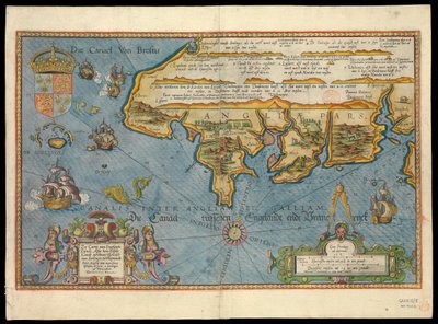 Karte der Küste Englands mit dem Meer, dekoriert mit Schiffen und Monstern von Lucas Janszoon Waghenaer