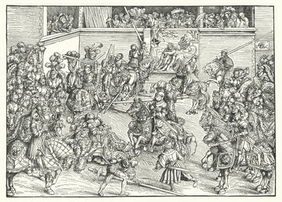 Das Turnier mit dem Wandteppich von Samson und dem Löwen von Lucas the Elder (after) Cranach