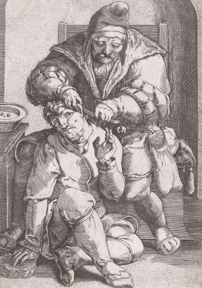 Chirurg des 17. Jahrhunderts behandelt das Ohr eines Patienten von Lucas van (after) Leyden