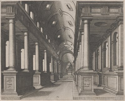 Innenansicht einer Kirche mit Tonnengewölbe von Lucas van Doetechum and Johannes