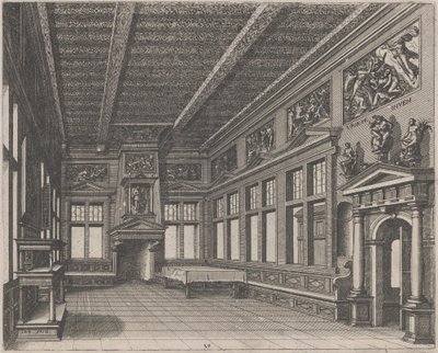 Innenraum mit Buffet, Kamin und religiösen Gemälden von Lucas van Doetechum and Johannes