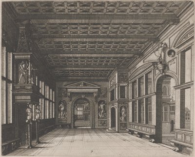 Innenraum mit Blick in ein zweites Zimmer mit Kamin von Lucas van Doetechum and Johannes