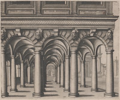 Offene Halle, gestützt von toskanischen Säulen, mit einem Platz auf der rechten Seite von Lucas van Doetechum and Johannes