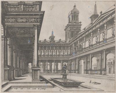 Palasthof mit Brunnen in einem rechteckigen Becken von Lucas van Doetechum and Johannes