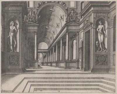 Ansicht in einer Kirche mit korinthischen Säulen und Statuen von Apollo, Melpomene und Moses von Lucas van Doetechum and Johannes