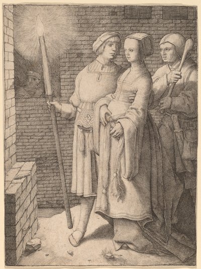Der Mann mit der Fackel und eine Frau, gefolgt von einem Narren von Lucas van Leyden