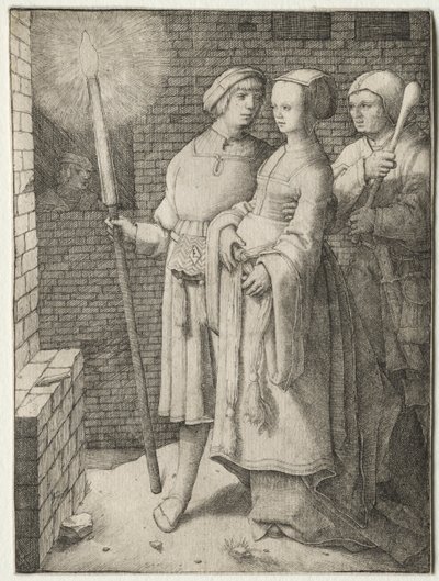 Der Mann mit der Fackel und eine Frau gefolgt von einem Narren von Lucas van Leyden