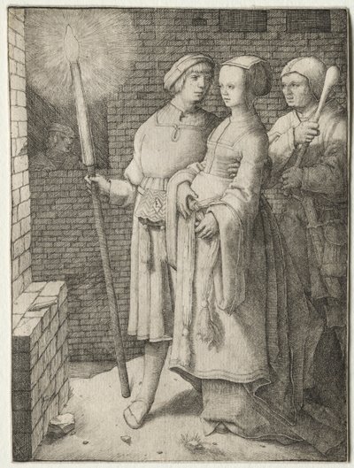 Der Mann mit der Fackel und eine Frau, gefolgt von einem Narren, um 1508 von Lucas van Leyden