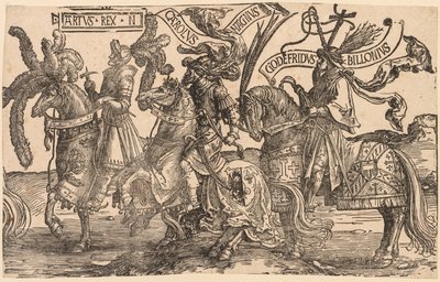 Die neun Helden: Arthur, Karl der Große (Charlemagne), Gottfried von Bouillon von Lucas van Leyden