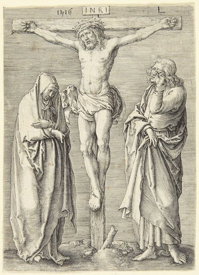 Die Jungfrau und St. Johannes am Fuße des Kreuzes von Lucas van Leyden