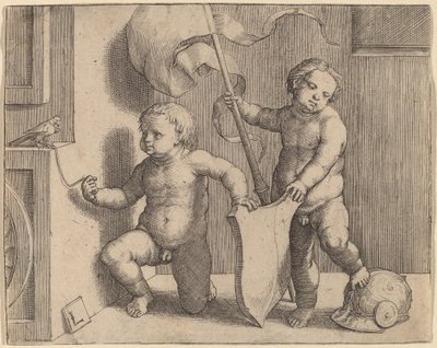 Zwei nackte Kinder, die ein leeres Schild halten von Lucas van Leyden