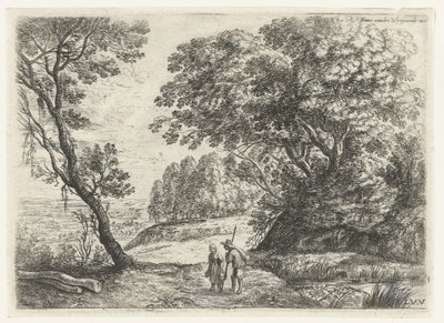Landschaft mit einem Mann und einer Frau im Gespräch, Sechs Landschaften (Serientitel) von Lucas van Uden