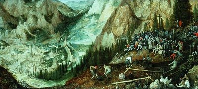 Landschaft mit Jerusalem, Christus trägt das Kreuz und Vorbereitungen auf dem Hügel von Golgatha von Lucas van Valckenborch