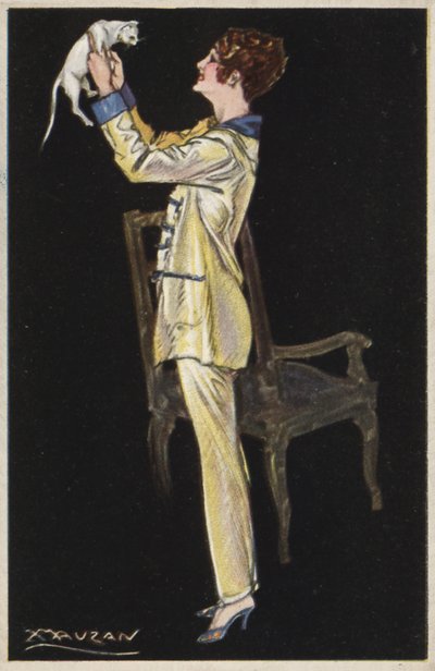 Mädchen im Pyjama mit weißer Katze von Luciano Achille Mauzan