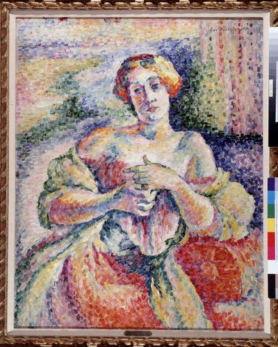 Frau in Rosa und Blau. Junge Elegante mit entblößter Schulter. Gemälde von Lucie Cousturier (1870-1925). 1908. Sammlung Fondation Regards de Provence, Marseille von Lucie Cousturier