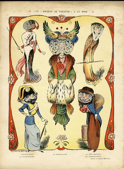 Illustration in Le Rire, 09/04/10 - Ein modischer Strauß von Schleiern - Mode, Fechten von Lucien Metivet