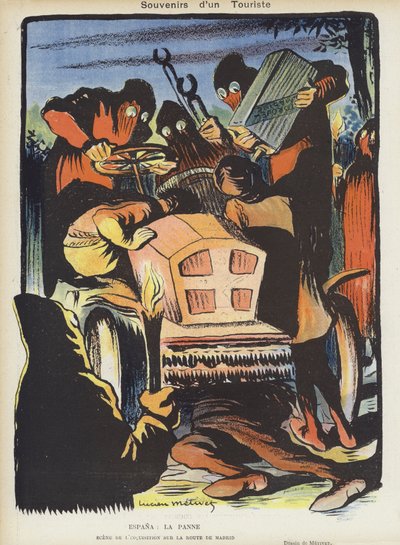 Satire auf das Paris-Madrid-Autorennen 1903. Illustration für Le Rire von Lucien Metivet