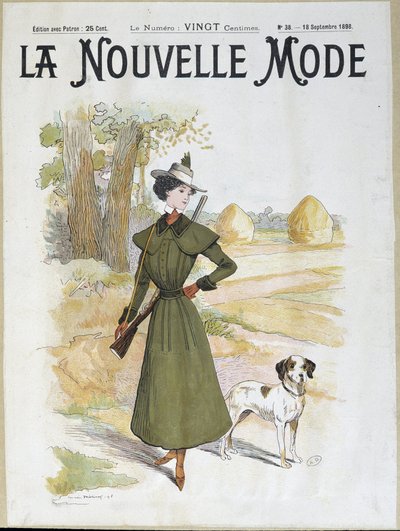 Frau in Jagdkleidung mit Gewehr - in "La Nouvelle Mode" vom Sept. 1898 von Lucien Metivet