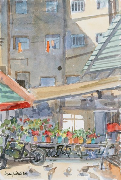 Orange Staubtücher trocknen, Mahane Yehuda, Jerusalem, 2019 von Lucy Willis
