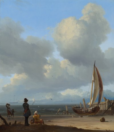 Zeegezicht met figuren bij een vissersboot op het strand von Ludolf Bakhuizen