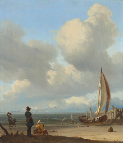 Zeegezicht met figuren bij een vissersboot op het strand von Ludolf Bakhuizen