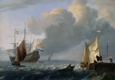 Niederländische Fregatte und andere Schiffe vor der Küste, ca. 1690 von Ludolf Bakhuizen