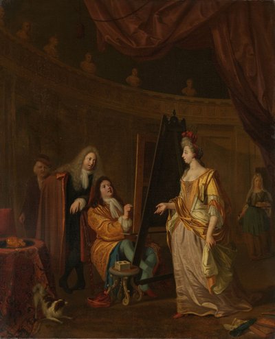 Ein Künstler in seinem Atelier, der das Porträt einer Dame malt von Ludolf Bakhuysen