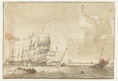 Schiffe auf dem Wasser vor einer Stadt von Ludolf Bakhuysen