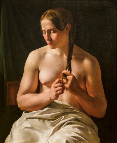 Eine Frau, die ihr Haar flechtet von Ludvig August Smith