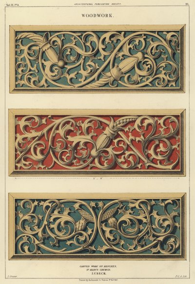 Schnitzereien auf Bänken in der Kirche St. Marien, Lübeck, Deutschland von Ludwig Gruner