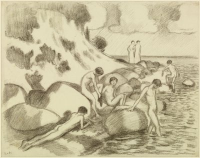 Badende Knaben am Strand, im Hintergrund zwei Frauen von Ludwig von Hofmann
