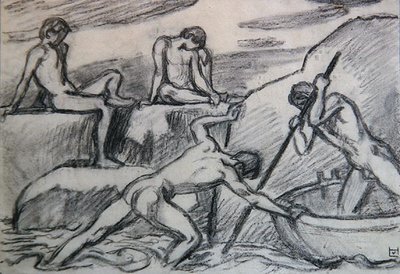 Nackter Bootsführer und Jugendliche an einem grünen Ufer von Ludwig von Hofmann