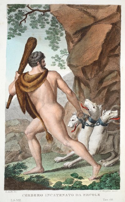 Herkules und Cerberus oder Cerbero Incatenato da Ercole, Buch VII, Illustration aus Ovids Metamorphosen, Florenz, 1832 von Luigi Ademollo