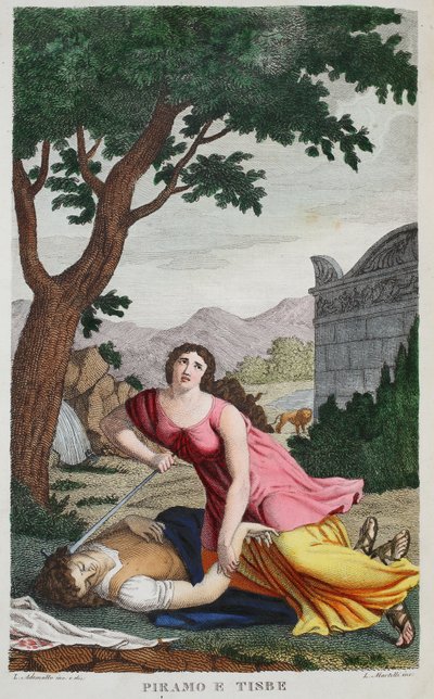 Pyramus und Thisbe, Buch IV, Illustration aus Ovids Metamorphosen, Florenz, 1832 von Luigi Ademollo